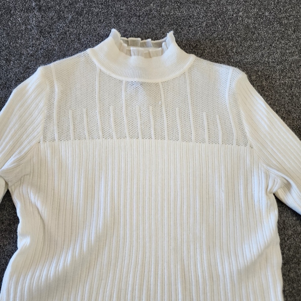 Tera Vera Womens XL Ivory Ribbed Mock Neck Sweater Top Ruffle Trim Knit